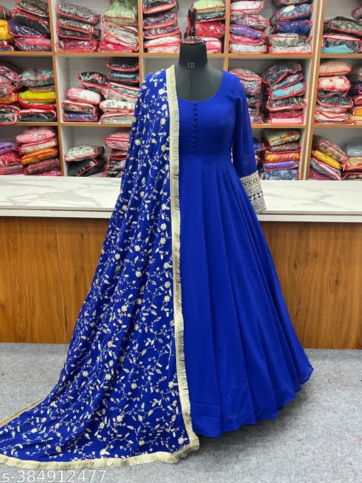Georgette anarkali gown dupatta full set with pent, embroidered net Indian fashion, ready-to-wear S (36in bust, 56in length), M, L, XL, XXL