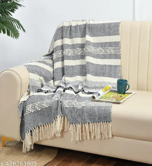 Navy Blue HomewayTex 100% Cotton Horizon Throw, versatile design, hand-woven, natural color palette