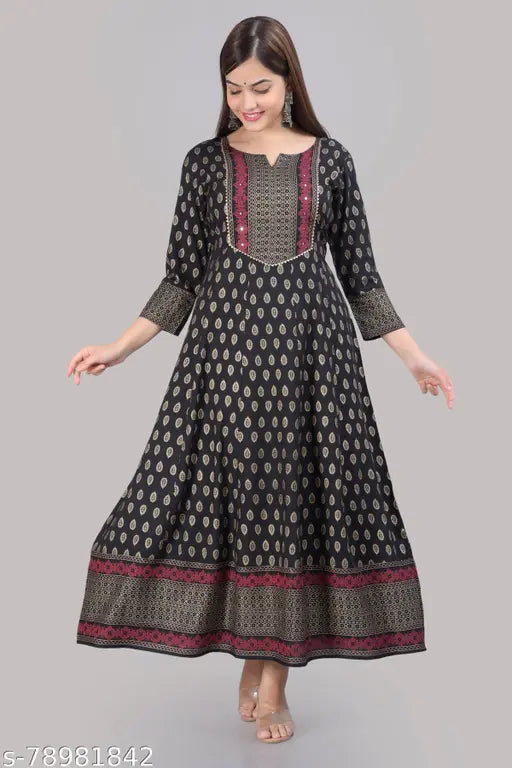 Black embellished printed rayon anarkali kurta with three-quarter sleeves, Indian women's fashion on mannequin