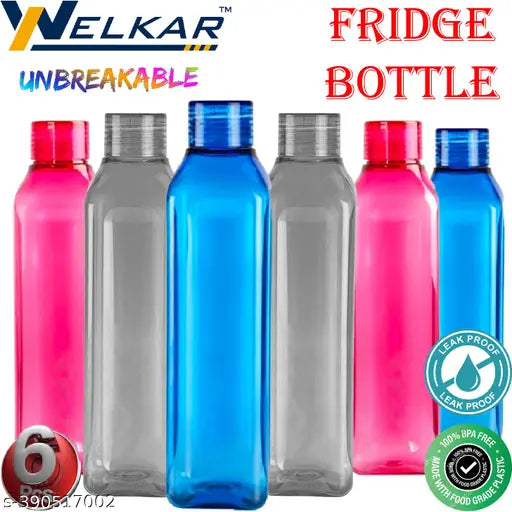 Crystal clear, leak-proof, multipurpose 1L plastic fridge water bottle set in various colors - perfect for office, school, college, home use