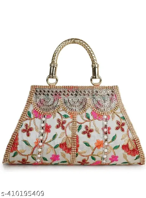 Modern women clutch with flowered embroidery and jeweled trim