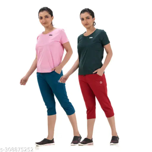 Women's & Girls 100% Cotton Capri Top Set (Pack of 2) - Essential every day item, trendy yet comfortable heart-patterned loungewear