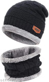 Woolen unisex bannie knit skull cap & neck warmer, both lined with fleece for super warm, soft & cozy winter wear