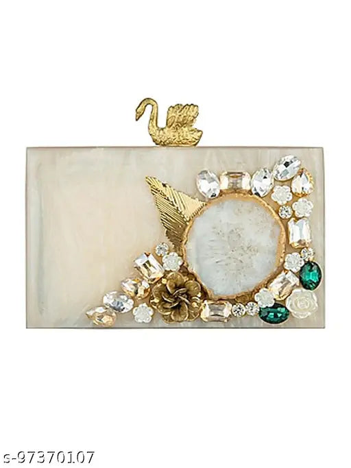 Handicraft Resin Clutch with Gold Detailing, Silver Chain Purse, Women's Party Handbag