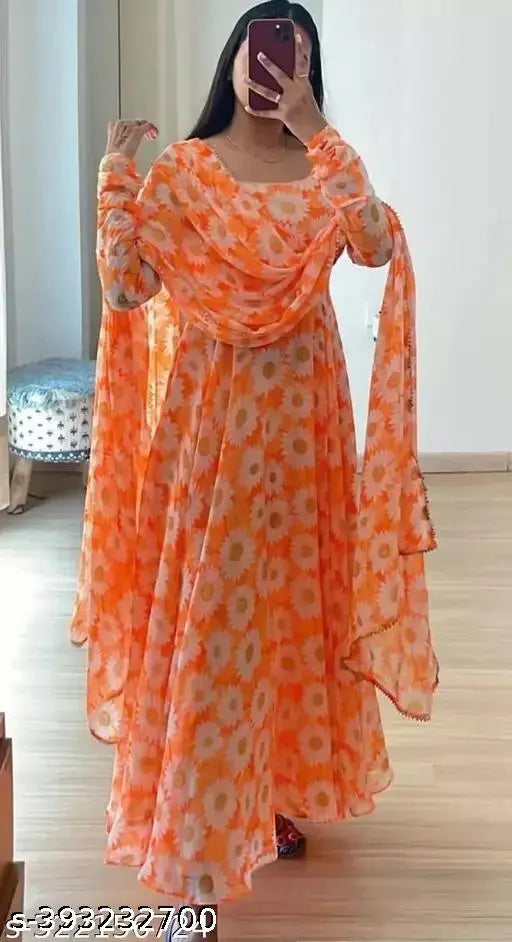 Orange georgette dress with three-quarter sleeves, printed net pattern, size M/L. Trendy latest women's clothing from India