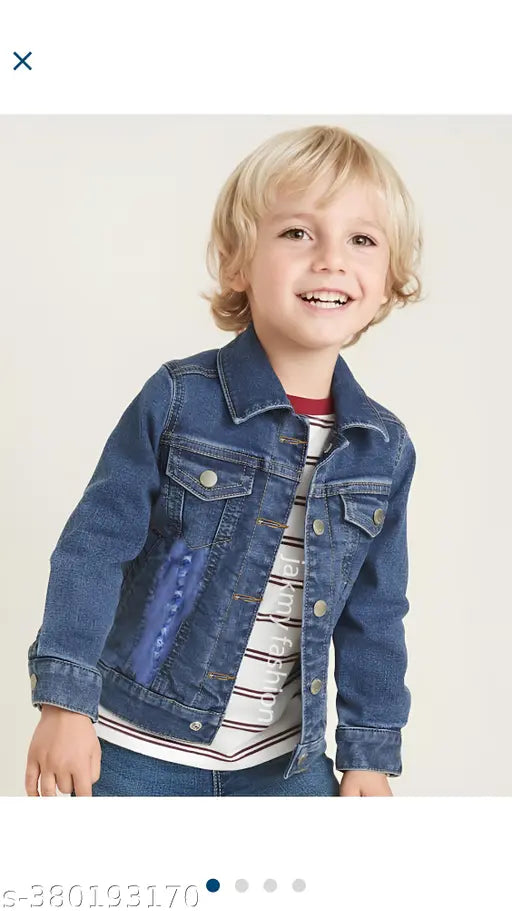 Denim jacket with red striped shirt and blue jeans