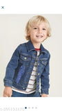 Denim jacket with red striped shirt and blue jeans