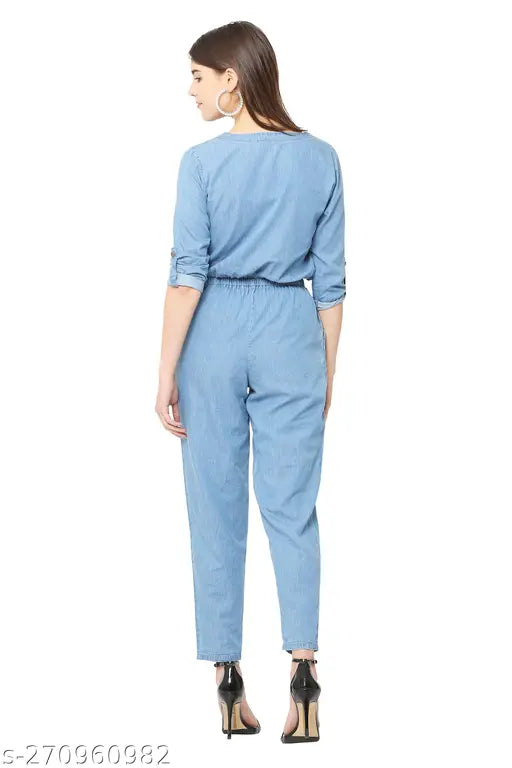 Stylish solid denim jumpsuit for women, three-quarter sleeves, solid pattern, size S (36/48/34), Indian origin