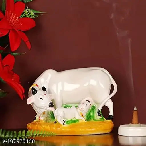 Marble Kamadhenu Cow and Calf Statue, 13cm x 11cm x 0.5cm Indian handicraft