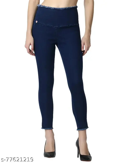 Blue denim jeggings for women, solid pattern, high-quality denim from India