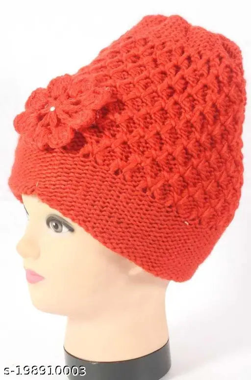 Red wool hat with a ruffle design, free size, for women, winter accessory