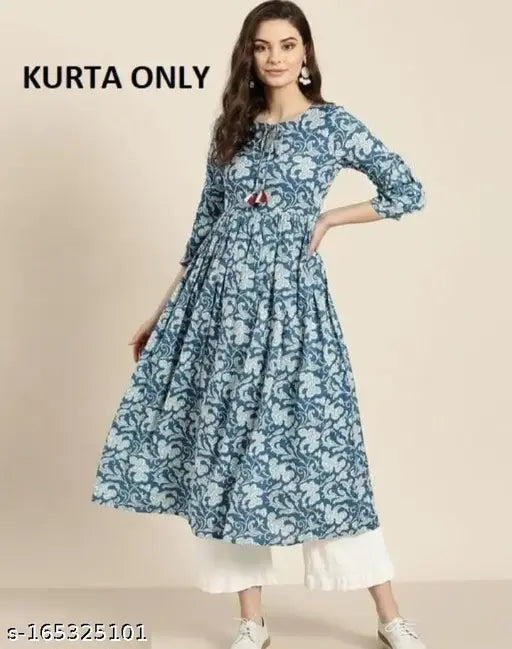 Blue printed cotton long kurta with sleeves, flared design, and a gathered neckline.