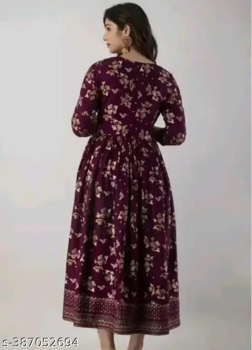Rayon anarkali dress with wine print, three-quarter sleeves, Indian fashion for women