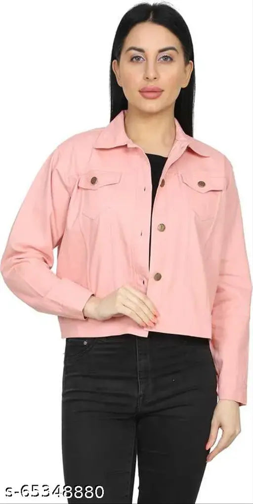 Denim full sleeve solid women's jacket, classic style with button closure for casual outings