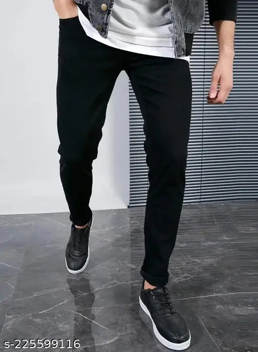 Black denim men's regular fit jeans, solid fabric, size 28 or 32 from India