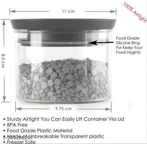 The image is of a transparent plastic container holding 12 units. The container has a round shape, and its lid appears to be BPA-free, suggesting that it is suitable for storing food items such as rice or cereals. Its capacity is 500 ml, making it a convenient choice for kitchen storage needs. The color of the container is black, which matches the lid's color. This set of containers seems stackable and modular, offering flexibility in organizing kitchen ingredients