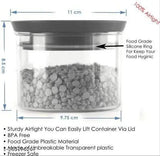 The image is of a transparent plastic container holding 12 units. The container has a round shape, and its lid appears to be BPA-free, suggesting that it is suitable for storing food items such as rice or cereals. Its capacity is 500 ml, making it a convenient choice for kitchen storage needs. The color of the container is black, which matches the lid's color. This set of containers seems stackable and modular, offering flexibility in organizing kitchen ingredients