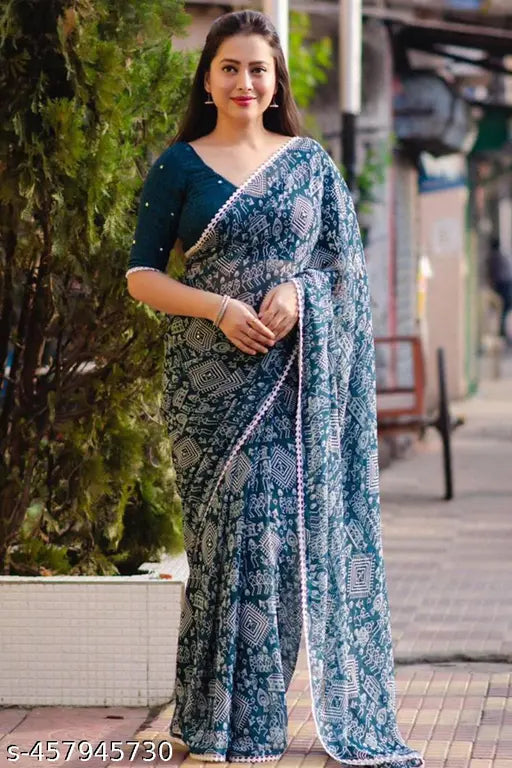Warli print Georgette saree with lace border, free size, Indian handloom