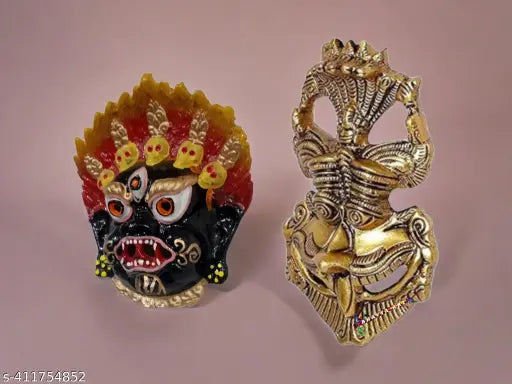 Golden antique finish Nazarbattu Meenakari handmade oxidized white metal Kirtimukha collectible for evil eye protection, Indian decor art