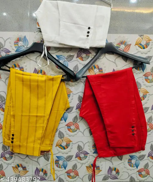 Pair of red pants, yellow trousers, and white shirt