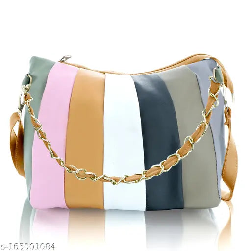 Cross body party sling bag with colorful leather stripes and gold chain accent