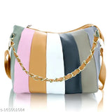 Cross body party sling bag with colorful leather stripes and gold chain accent
