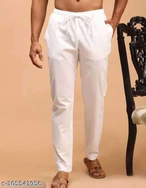 New men's white french tuck waistband pants, cotton fabric