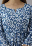 Blue viscose rayon three-quarter sleeve printed winter top, country of origin: India