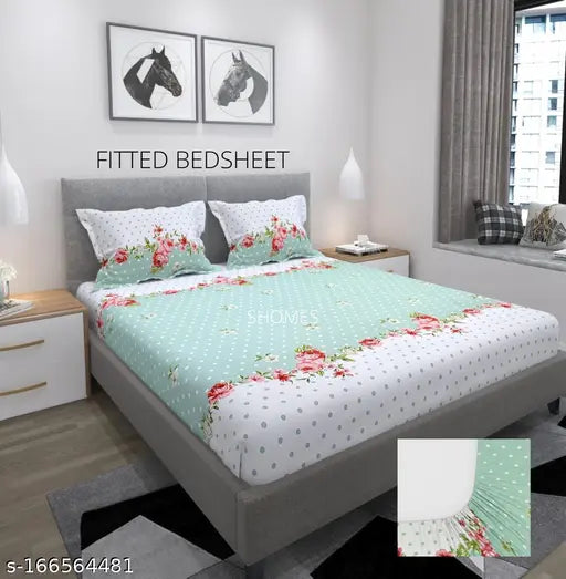 """"250 Tc Premium Soft Cotton Elastic Fitted"""Double Bedsheet"""With Two Pillow Covers- All Around 360 Elasticated Sheet- 72x78x8 Inches Drop, Color Green""""