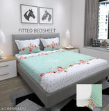 """"250 Tc Premium Soft Cotton Elastic Fitted"""Double Bedsheet"""With Two Pillow Covers- All Around 360 Elasticated Sheet- 72x78x8 Inches Drop, Color Green""""