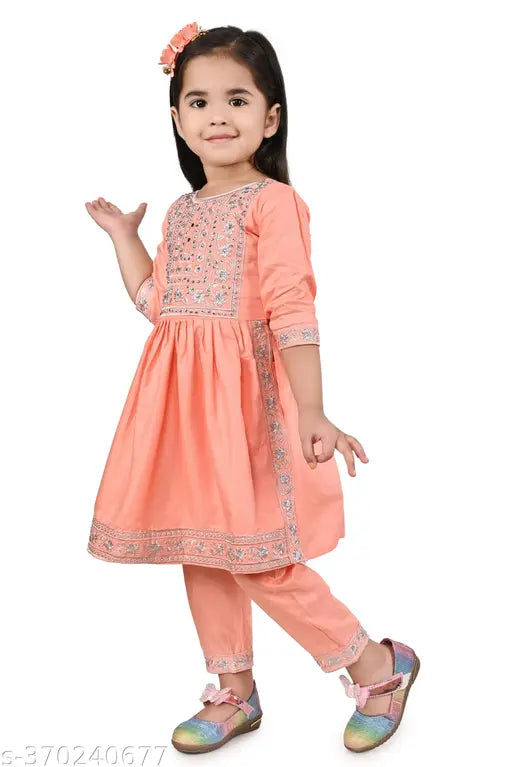 Rayon embroidered kurta & pant set for girls, vibrant Indian attire with three-quarter sleeves