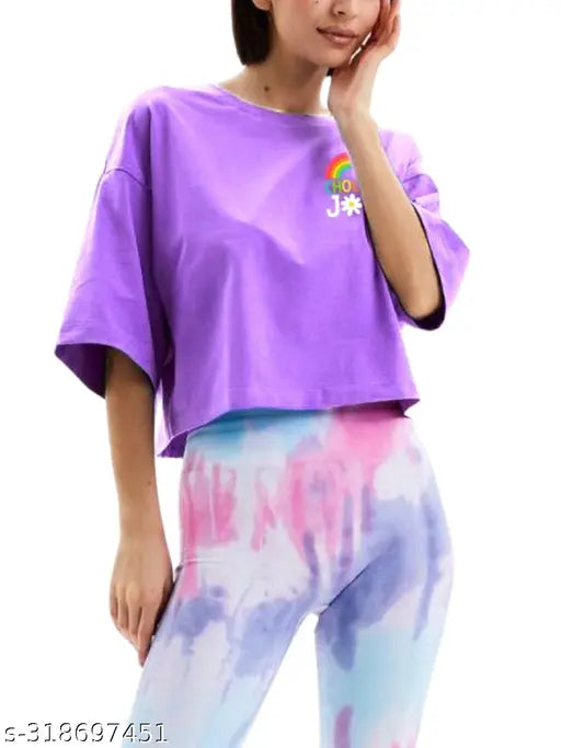 Lavender cotton blend crop top for women, trendy half sleeve print design, loose fit, comfortable, streetwear style