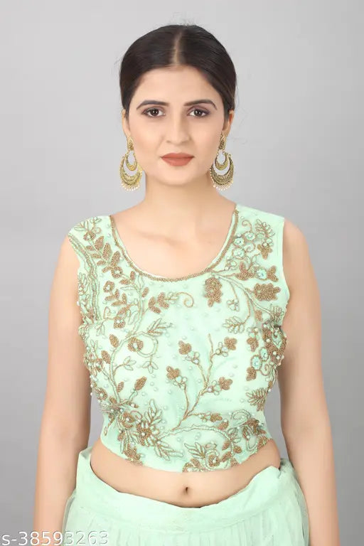 Light green embroidered net lehenga set, semi-stitched (waist size 41in, length 42in), India origin