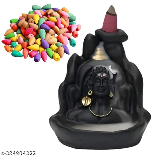 Handcrafted Shiv Ganesha Combo: Religious idols, backflow waterfall cone incense holder showpiece statue with 30 free backflow incense cones, Indian origin