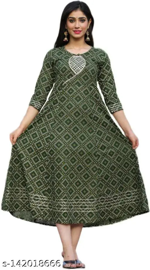 Green cotton slub Anarkali kurti with silver-toned ethnic motifs, three-quarter sleeves, keyhole neck, and maxi flared hem - AAYUMI Woman