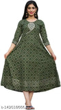 Green cotton slub Anarkali kurti with silver-toned ethnic motifs, three-quarter sleeves, keyhole neck, and maxi flared hem - AAYUMI Woman