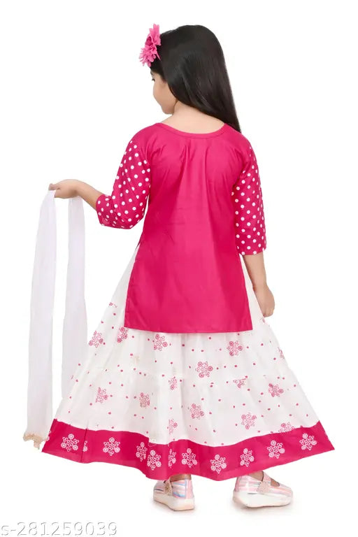 Rayon printed A-line kurti skirt set for kids with dupatta, three-quarter sleeves. Available in sizes: 3-4yrs, 4-5yrs, 5-6yrs, 6-7yrs, 7-8yrs, 8-9yrs, 9-10yrs, 10-11yrs. Made in India