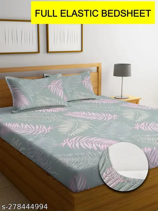 Premium botanical 180TC Supersoft cotton elastic fitted bedsheets & 2 pillow covers for double bed (78x72+10), India origin