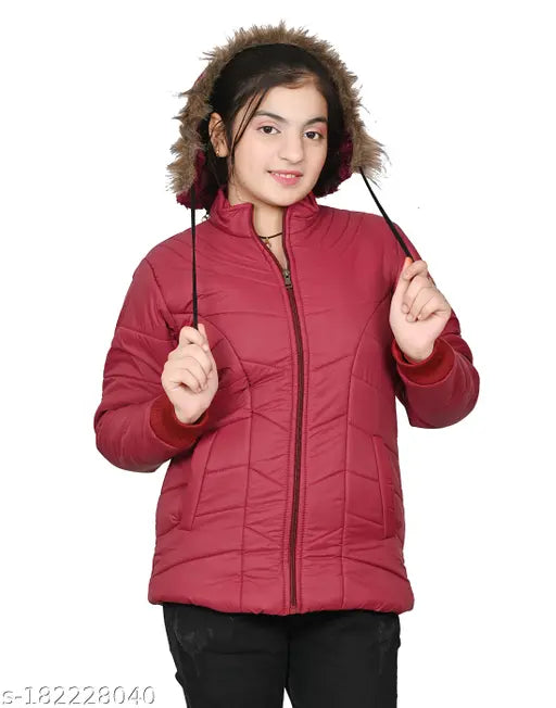 Maroon puffer coat, hooded, button front, zip closure