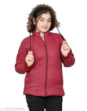 Maroon puffer coat, hooded, button front, zip closure
