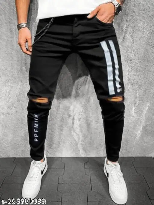 Striped denim knee-cut jeans for men, black solid denim slim fit - size options: 28, 30, 32 (India origin)