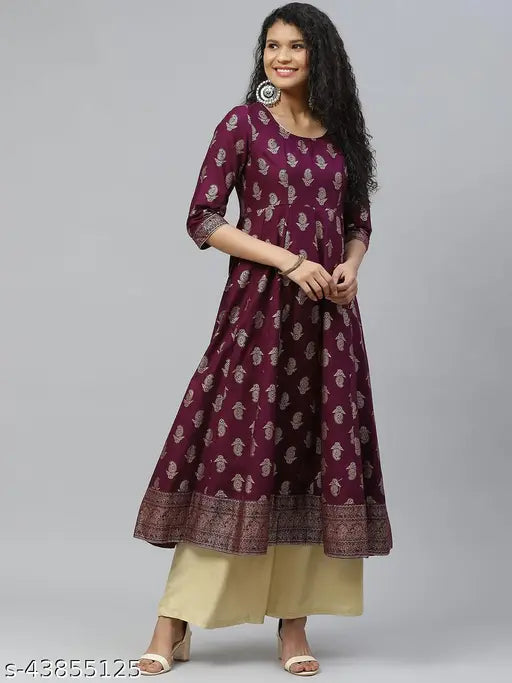 Cotton printed anarkali kurta, three-quarter sleeves, round neck, side zipper, gold print, ankle length, features golden latkan. Indian traditional women's wear