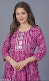 Pink long anarkali cotton printed kurta, round neck, 34 sleeves