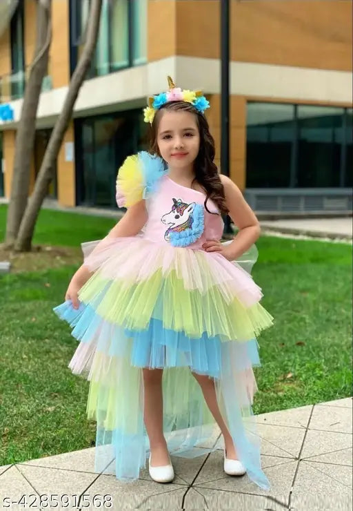 Multicolored unicorn tutu dress with ruffles, girl's birthday party attire