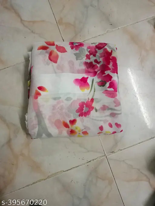 Pink and white floral patterned georgette sari and blouse piece
