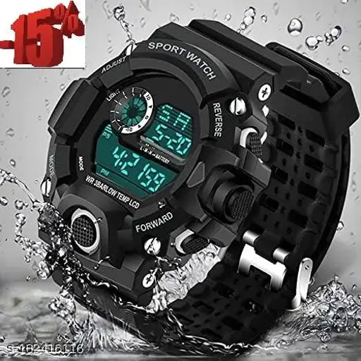 Black digital watch with premium PU strap, ideal for boys and men's sporty, casual or party wear. Classic design, round shape, and high-quality metal mesh construction. Fashionable New Generation Digital Sport Watch by Indian designer for young people