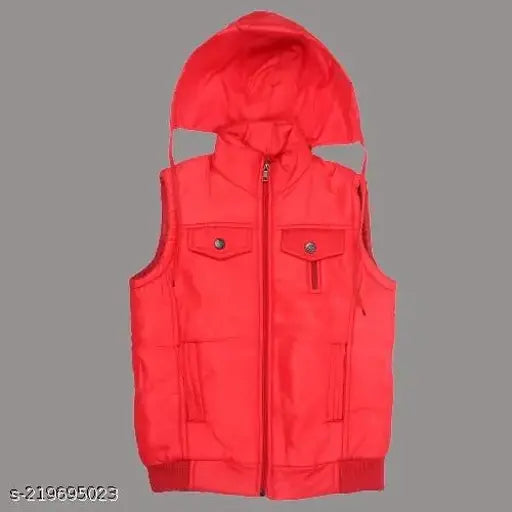 Red winter jacket with sleeveless design, comfortable cap, and two front pockets for kids