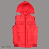 Red winter jacket with sleeveless design, comfortable cap, and two front pockets for kids