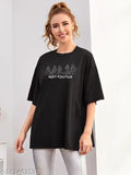 Black oversized t-shirt for women with white print