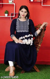 Embroidered rayon Anarkali kurti with three-quarter sleeves, suitable for functions and weddings. Sizes: S (36in bust, 48in length), M (38in bust, 48in length), L (40in bust, 48in length), XL (42in bust, 48in length), XXL (44in bust, 48in length), XXXL (46in bust, 48in length). Indian-made fashionable and comfortable traditional wear